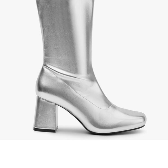 Mid Calf Low Block Silver Heel Boots - Picture 4 of 5